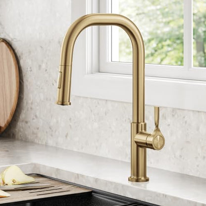 KRAUS Torak Pull Down Kitchen Faucet in Spot-Free Brushed Brass with 2 Function Sprayer, Pre-Attached Water Lines, and Mounting Hardware, KPF-2841SFBB - color: Spot Free Brushed Brass, style: Pull-Down Square Arc Faucet