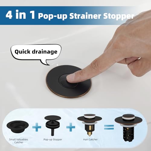 Universal Upgraded Bathroom Sink Drain Stopper, 4-in-1, Oil-Rubbed Bronze | Hair Catcher Pop-Up Sink Strainer with 2-Layer Removable Stainless Steel Basket, Anti-Clog Drain Plug for 1.1"-2.36" Basin - color: Oil Rubbed Bronze