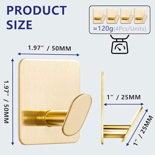 Gold Adhesive Wall Hooks 15LB Max Heavy Duty Sticky Hook Rustproof | 2" Stainless Hanger for Hanging Coat Towel Robe Hat for Bathroom Kitchen Shower RV Glass Wall, No Drilling Brushed Gold 4Pack - color: Sq- Brushed Gold