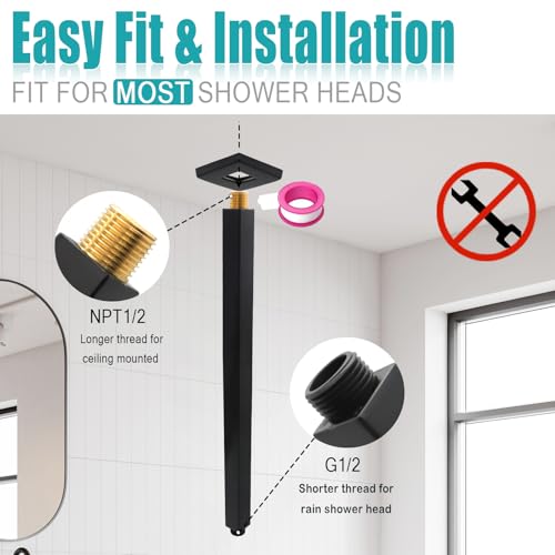 Matte Black Shower Arm with Flange and Teflon Tape for High Ceiling or Fixed Rain Showerhead, Universal Connection 16-inch Square Straight Shower Head Extender Extension Pipe, 304 Stainless Steel - color: Matte Black, style: 16inch