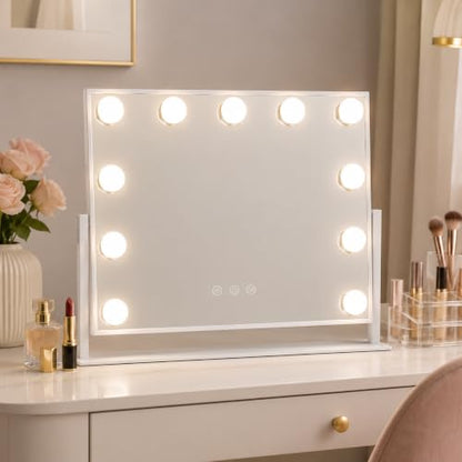 FENNIO Lighted Vanity Mirror, 15.6" x 12.7", 11 LED Bulbs, 360° Rotation | Horizontal 11-light vanity mirror with 360° rotation, wider viewing angle, and white desk-friendly design. - size: 17"L x 13"W