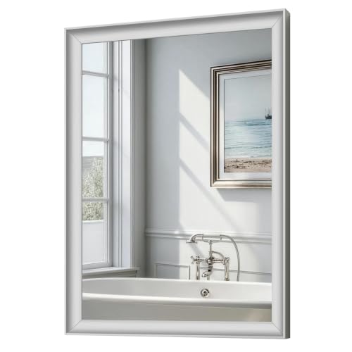 USHOWER Brushed Nickel Bathroom Mirrors for Over Sink 22x30 Inch, Aluminum Framed Rectangle Vanity Mirror for Wall, Bedroom, Living Room, Entryway, Anti-Rust, HD Tempered Glass, Horizontal/Vertical - color: Brushed Nickel, size: 30"L x 22"W