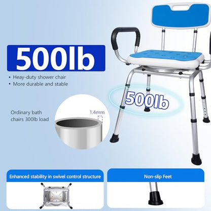 Swivel Shower Chair 500lbs Heavy Duty Adjustable Arms & Back 360° Rotating | Slip-resistant rubber feet Easy-clean Tool-free Install Ergonomic wide seat Built-in drainage holes 5 height settings - size: Blue