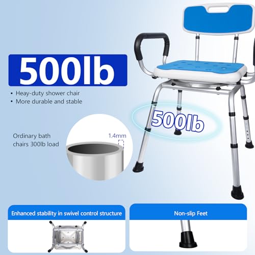 Swivel Shower Chair with Handle 500lbs Capacity Adjustable Arms & Back | 360° Swivel, 5-Level Height Adjust, Non-Slip Feet, Tool-Free Assembly With Extra Suction Bath Grab Bar - size: Blue Set