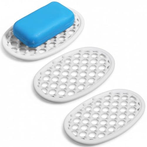 3 Pcs Silicone Soap Holder, Non-Slip Silicone Soap Dish for Shower with Efficient Drainage Holes, Soap-Tray for Shower Self Draining Bathroom Sink, Kitchen Counter, Easy Cleaning(White)
