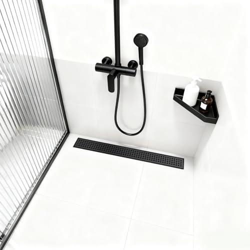 Linear Shower Drain - 24 Inch Matte Black, with Grate Removable | AISI 304 Stainless Steel Shower Drain with Adjustable Feet, Hair Catcher, Rectangle Shower Floor Drain Fits Bathroom, Balcony - color: Matte Black, size: 24 Inch