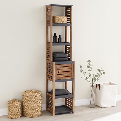 Tall Bathroom Storage Cabinet, Vented Door, Linen Tower, Slim, Brown-Gray | Engineered Wood, Art Deco, Space-Saving Bathroom Storage, Easy Assembly, Fits Small Bathrooms, Laundry, Hallway