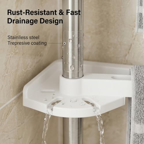 Corner Shower Caddy Tension Pole: 4-Tier Large Capacity Bathroom Organizer Shelf with Towel Bar - Rustproof No-Drill Adjustable, Home Bathtub Stand Rack, White
