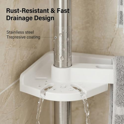 Corner Shower Caddy Tension Pole: 4-Tier Large Capacity Bathroom Organizer Shelf with Towel Bar - Rustproof No-Drill Adjustable, Home Bathtub Stand Rack, White