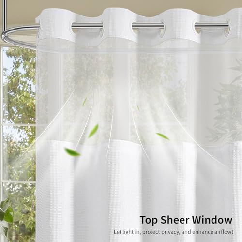 eachope No Hook Waffle Weave Shower Curtain with Snap-in Fabric Liner Set,White Shower Curtains for Bathroom with See Through Top Window,Water Repellent & Washable,71Wx74H | Bath Curtain with Snap-in Liner & See-Through Top Window,Water Repellent & Washab