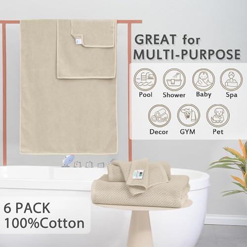 VOOVA & MOVAS 6PC Towel Set, 100% Cotton, Beige Tan | 2 Large Bath 30x56 In, 2 Hand 18x28 In, 2 Washcloths 13x13 In, Quick Dry, Thick, Soft, Towel Gift Set - color: Tan - Beige, size: 6 PC Bathroom Towel Set