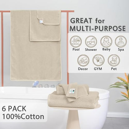 VOOVA & MOVAS 6PC Towel Set, 100% Cotton, Beige Tan | 2 Large Bath 30x56 In, 2 Hand 18x28 In, 2 Washcloths 13x13 In, Quick Dry, Thick, Soft, Towel Gift Set - color: Tan - Beige, size: 6 PC Bathroom Towel Set