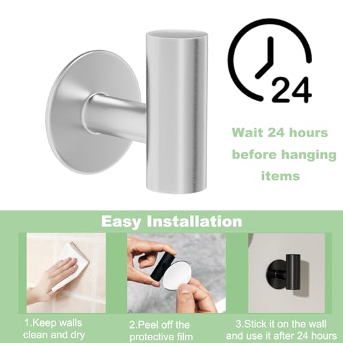 4 Pack Adhesive Towel Hooks for Bathroom, Waterproof Wall Mount Towel Holder, Brushed Nickel Silver Wall Robe Hook,Stainless Steel Heavy Duty Door Hanger Towel Hook for Kitchen, Bedroom, Hotel