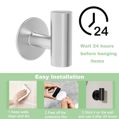 4 Pack Adhesive Towel Hooks for Bathroom, Waterproof Wall Mount Towel Holder, Brushed Nickel Silver Wall Robe Hook,Stainless Steel Heavy Duty Door Hanger Towel Hook for Kitchen, Bedroom, Hotel