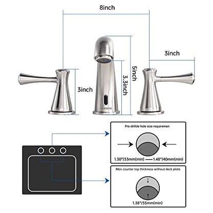 Touchless Bathroom Faucet for 3 Holes with 3 Handles, Controlling Temperature & Adjustable Water Flow, Short & Long Induction Modes, Auto Motion Sensor Brushed Nickel Bathroom Faucet Set 29180 - color: 29180Brushed Nickel