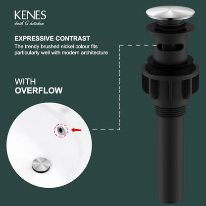KENES Bathroom Sink Drain Stopper Pop up Sink Drain with Overflow, Brushed Nickel Lavatory Bathroom Vanity Sink Drain Assembly, Built-in Anti-Clogging Strainer - color: Brushed Nickel, size: Big Pop up Cap (With Overflow)