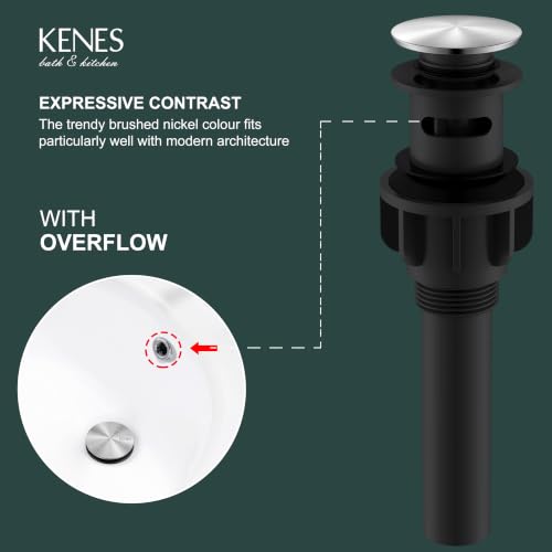 KENES Brushed Nickel Bathroom Sink Drain Pop Up Sink Drain with Overflow | Bathroom Vanity Sink Drain Assembly, Built-in Anti-Clogging Strainer, Plastic Pop Up Drain for Bathroom Vanity Lavatory Sink