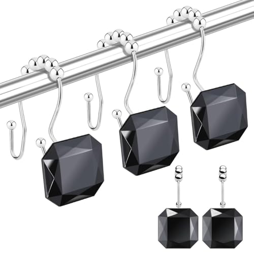 Shower Curtain Hooks Rings for Bathroom, 12PCS Double Hooks Glide Anti Rust Crystal Rhinestones Shower Curtain Rings Hangers for Shower Curtains, Clothing, Towels, etc. (Black) - color: Black
