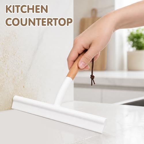 NUOBESTY Shower Squeegee for Glass Doors, Wood Handle White Silicone Wiper | 10" Streak-Free Blade with an Aesthetic Natural Grip. Includes Suction Cup & Over-Door Hook for Bathroom Mirrors & Tiles
