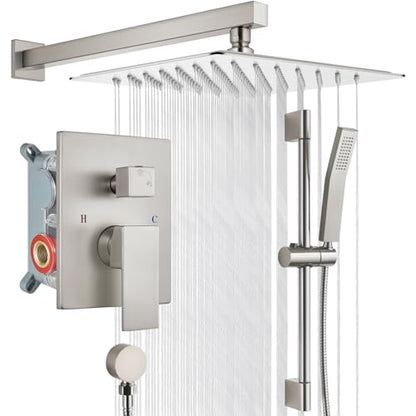 gotonovo 12 Inch Bathroom Shower Faucet Set with Slide Bar Brushed Nickel | SUS304 Rainfall Shower Head with Handheld Sprayer Combo,Rough-in Valve Trim Kit Complete,Adjustable Handheld Height,All Metal - color: Nickel