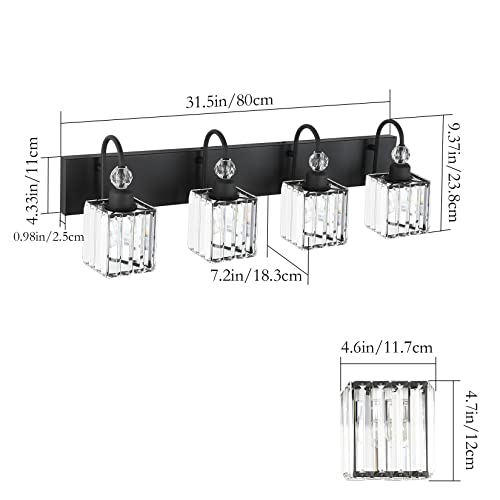 Ralbay Matte Black Crystal Vanity Light 4 Light Modern Crystal Bathroom Lighting Fixtures Over Mirror, Crystal Black Bathroom Vanity Light - color: Square-Black, size: 4-light