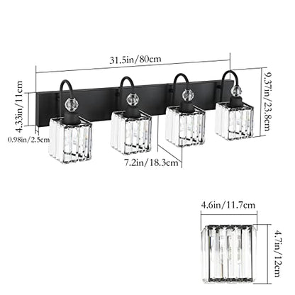 Ralbay Matte Black Crystal Vanity Light 4 Light Modern Crystal Bathroom Lighting Fixtures Over Mirror, Crystal Black Bathroom Vanity Light - color: Square-Black, size: 4-light