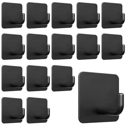 16PCS Bath Towel Hooks, Self Adhesive Hook, Waterproof Self Adhesive Shower Wall Hooks for Bathroom Kitchen Door Window Cabinet, Stainless Steel(Black - Square)