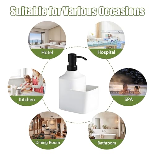 Gets Soap Dispenser White Ceramic Pump Bottle with Storage Holder | Countertop Liquid Hand Wash Bottle with Organizer Tray for Bathroom, Kitchen, Refillable Modern Dispenser for Vanity Sink - size: White With Sponge Holder
