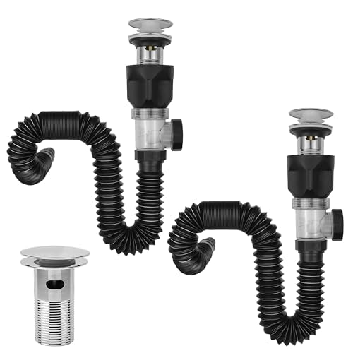 2 Pack Bathroom Sink Drain Kit, with Flexible Expandable P-Trap Sink Drain Pipe, Fits 1-1/4",1-1/2" and 2'' Drain Hole, Built-in Anti-Clogging Stopper, Anti-Odor With Overflow - color: Black With Overflow, style: 2 Pack