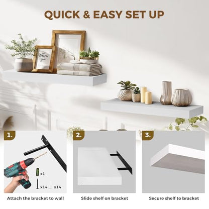 Solid Wood Floating Shelves, 24 Inch Wall Shelves, Set of 2, White | 8 Inch Deep, 1.6 Inch Thick, Extra-Wide Display Space, Mounting Hardware Included, For Kitchen, Bathroom and Living Room - color: White, size: 24x8x1.6