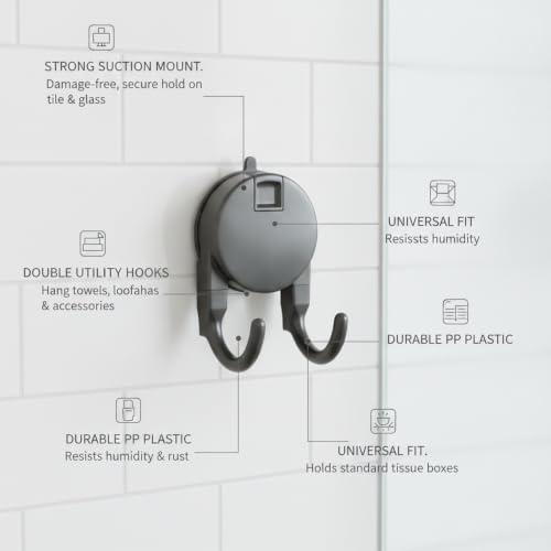 Suction Cup Tissue Box Holder for Bathroom, Wall Mount Dispenser with Double Hooks for Tile & Glass, No Drilling Required (Gray/White) - color: Gray