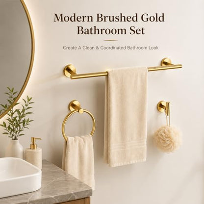 Brushed Gold Bathroom Hardware Set 5 Piece with Towel Racks for Bathroom, SUS304 Stainless Steel Bath Towel Bar Set, 24 Inch Wall Mounted Accessories Kit… - color: Brushed Gold