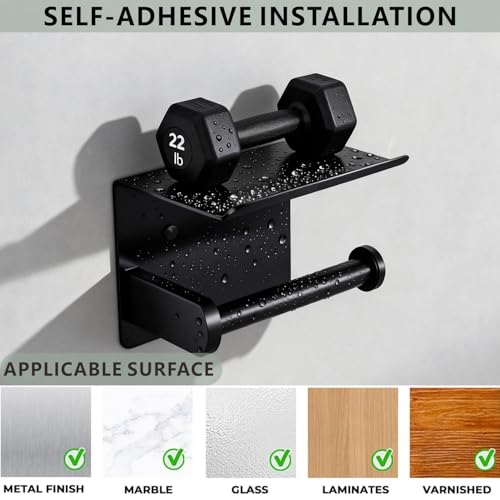 Toilet Paper Holder with Shelf, Heavy-Duty Stainless Steel Bathroom Hardware, Self-Adhesive No-Drill/Drill-Mount Wall-Mounted Roll Holder, Rust-Proof Bathroom Tissue Rack (Black) - color: Black