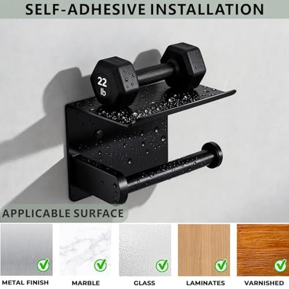 Toilet Paper Holder with Shelf, Heavy-Duty Stainless Steel Bathroom Hardware, Self-Adhesive No-Drill/Drill-Mount Wall-Mounted Roll Holder, Rust-Proof Bathroom Tissue Rack (Black) - color: Black