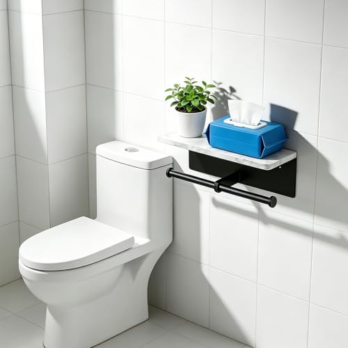 Matte Black Toilet Paper Holder Wall Mount, NEWRAIN Rustproof Commercial Double Toilet Tissue Holder with Marble Phone Shelf, Stainless Steel Toilet Roll Holder for Bathroom, Washroom, Hotel, RV - color: Matte Black, style: Marble