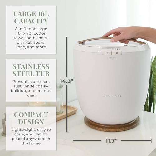 Zadro Countertop Towel Warmer with Stainless Steel Bucket for Spa and Bathroom, Timer 15/30/45/60 Minutes, Fits 1 Large Towel, Blanket, Bathrobe, PJs (White/Oak)