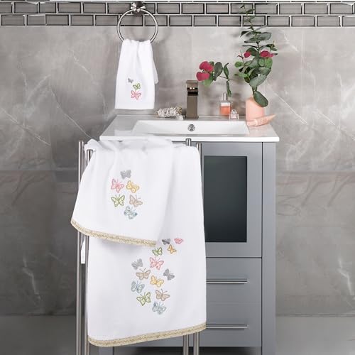 Frolic 4-Piece Luxury Towel Set, Calico Applique, Soft & Durable Turkish Cotton, Elegant Bathroom Ensemble, 2 Bath 2 Hand Towels, White - color: White, size: 2 Pcs Bath 2 Pcs Hand Towel