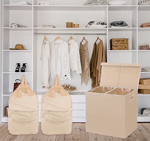 Simple Houseware Double Laundry Hamper with Lid & Removable Bags, Beige | Heavy Duty 600D Polyester, Water-Resistant Surface - color: Beige