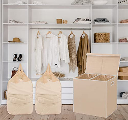 Simple Houseware Double Laundry Hamper with Lid & Removable Bags, Beige | Heavy Duty 600D Polyester, Water-Resistant Surface - color: Beige
