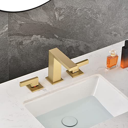 sumerain Brushed Gold 8 Inch Widespread Bathroom Faucet 2 Handle Lavatory Faucet Solid Brass, with Quick Connect Hose - color: Brushed Gold