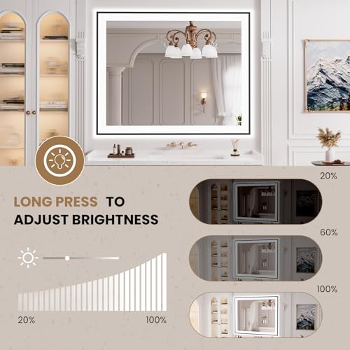 LOAAO 40"X32" LED Bathroom Mirror Black Framed | Anti-Fog, Dimmable, Memory Function, Tempered Glass, Lighted Vanity Mirror for Wall - size: 40"L x 32"W