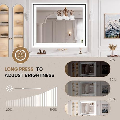LOAAO 40"X32" LED Bathroom Mirror Black Framed | Anti-Fog, Dimmable, Memory Function, Tempered Glass, Lighted Vanity Mirror for Wall - size: 40"L x 32"W