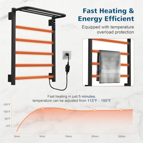 Heated Towel Racks, 5 Bars Towel Warmer with 24hr Timer Stainless Steel Wall Mounted Electric Towel Warmers for Bathroom (Black) - color: Black