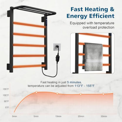 Heated Towel Racks, 5 Bars Towel Warmer with 24hr Timer Stainless Steel Wall Mounted Electric Towel Warmers for Bathroom (Black) - color: Black