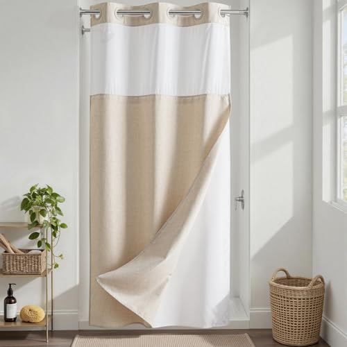 River Dream Linen Textured No Hooks Shower Curtain with Liner,Linen,36x74 | Stall,Mesh Top Window,with Snap-in Liner,Heavy Duty Fabric,Quick Dry,Bottom Magnets,Water-Repellent,Washable,Bathroom Set - color: Linen, size: 36"W x 74"L (Pack of 1)