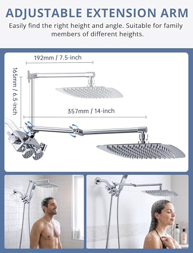 All Metal 12 Inch Shower Head with Body Spray Jets and Handheld (Chrome) | All Metal Construction, Equipped with Body Spray Jets, 14 Inch Adjustable Extension Arm,Power Wash Function Hand Shower - color: Chrome
