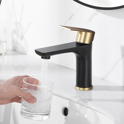 SUMERAIN Modern 304 Stainless Steel Bathroom Faucet Lead-Free Vanity Sink Faucet Black&Gold Single Handle Washbasin Faucet | Lead-Free, Single Handle, Unique Flow Pattern, Water-saving, Easy DIY Install - color: Black and Gold