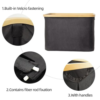 YAHUAN Small Collapsible Laundry Hamper with Bamboo Handle Small Foldable Laundry Basket for Wet & Dry Laundry 13.19 x 16.14x 11.22 inches (Black)