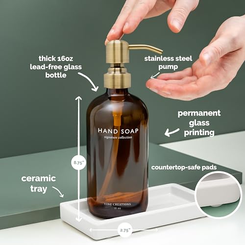 Vine Creations Amber Glass Soap Dispenser Set, Kitchen Soap Dispenser Set with Ceramic Tray, 16 oz Dish Soap and Hand Soap Dispensers with Stainless Steel Pump Decor (Amber Bottle/Brushed Brass) - color: Amber Bottle / Brushed Brass Pump