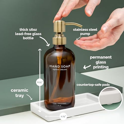 Vine Creations Amber Glass Soap Dispenser Set, Kitchen Soap Dispenser Set with Ceramic Tray, 16 oz Dish Soap and Hand Soap Dispensers with Stainless Steel Pump Decor (Amber Bottle/Brushed Brass) - color: Amber Bottle / Brushed Brass Pump